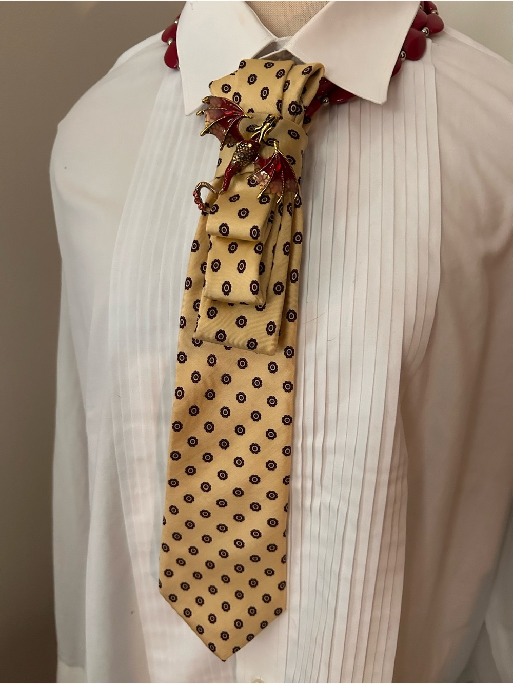 Yellow Patterned Silk Tie with Red Dragon Pin